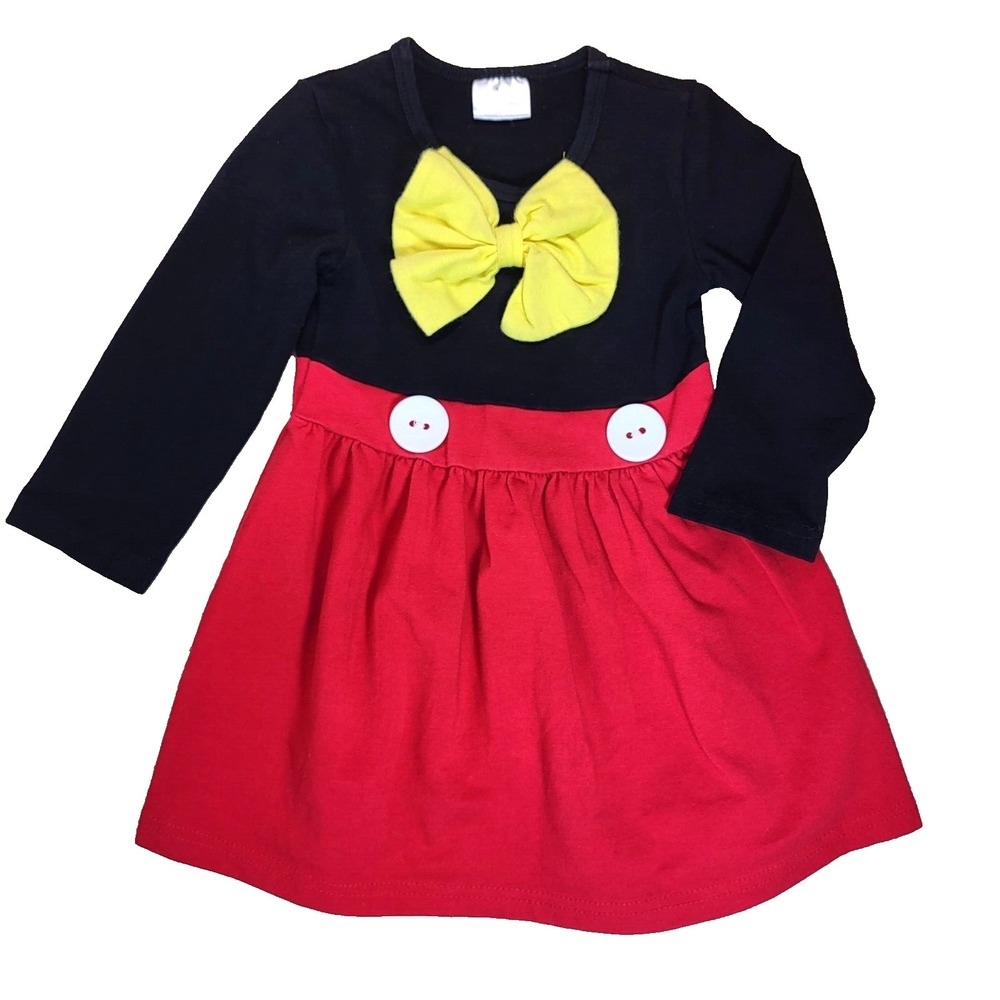 Female‎ Mouse Style Long Sleeve Red Black Dress Yellow Bow 2 Large Buttons XS